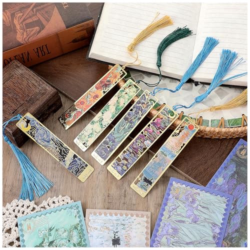 Dimeho 6 Stück Blumen Lesezeichen aus Metall, Goldenes Lesezeichen mit Hohler Blume Vintage Ölgemälde Stil mit Quaste Geschenk für Buchliebhaber, Schriftsteller, Leser, Frauen, Männer