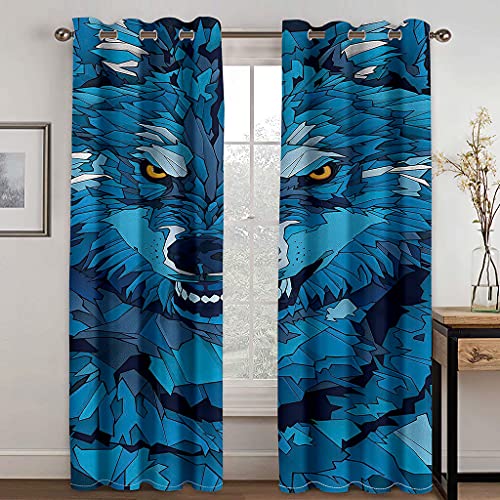 SHATOS Verdunkelungsvorhang Mit Ösen Gardinen Schlafzimmer Wohnzimmer Kinderzimmer Mädchen Junge Ösenvorhang Blickdichte Vorhänge 3D Blauer Cartoon-Wolf Muster Thermovorhang H 250 X B 240 cm 2Er Set