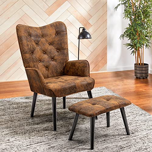 AVAWING Sessel mit Hocker Ohrensessel Fernsehsessel mit Rubberwood Beinen, Relaxsessel Loungesessel für Wohnzimmer, Schlafzimmer, Büro, Mikrofaser, Braun