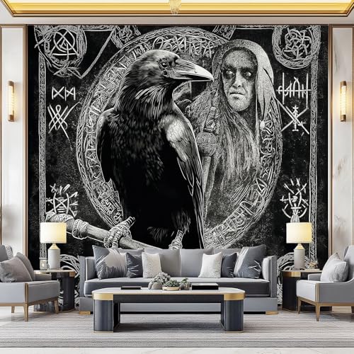 Fototapete Mystische Wikingersymbole Vliestapete Alte Frau Schwarze Krähe – 3D Luxuriöse Moderne Wandtapete für Wohnzimmer Schlafzimmer Büro Tapezier-Ratgeber 400 x 280 cm (W x H)