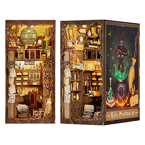 CUTEBEE DIY Book Nook Kit – DIY Puppenhäuser Miniatur Haus Kit mit Möbeln und LED-Licht, 3D Puzzle Buchstützen aus Holz, Modellbausätze für Erwachsene zum Bauen (Magic Pharmacist)